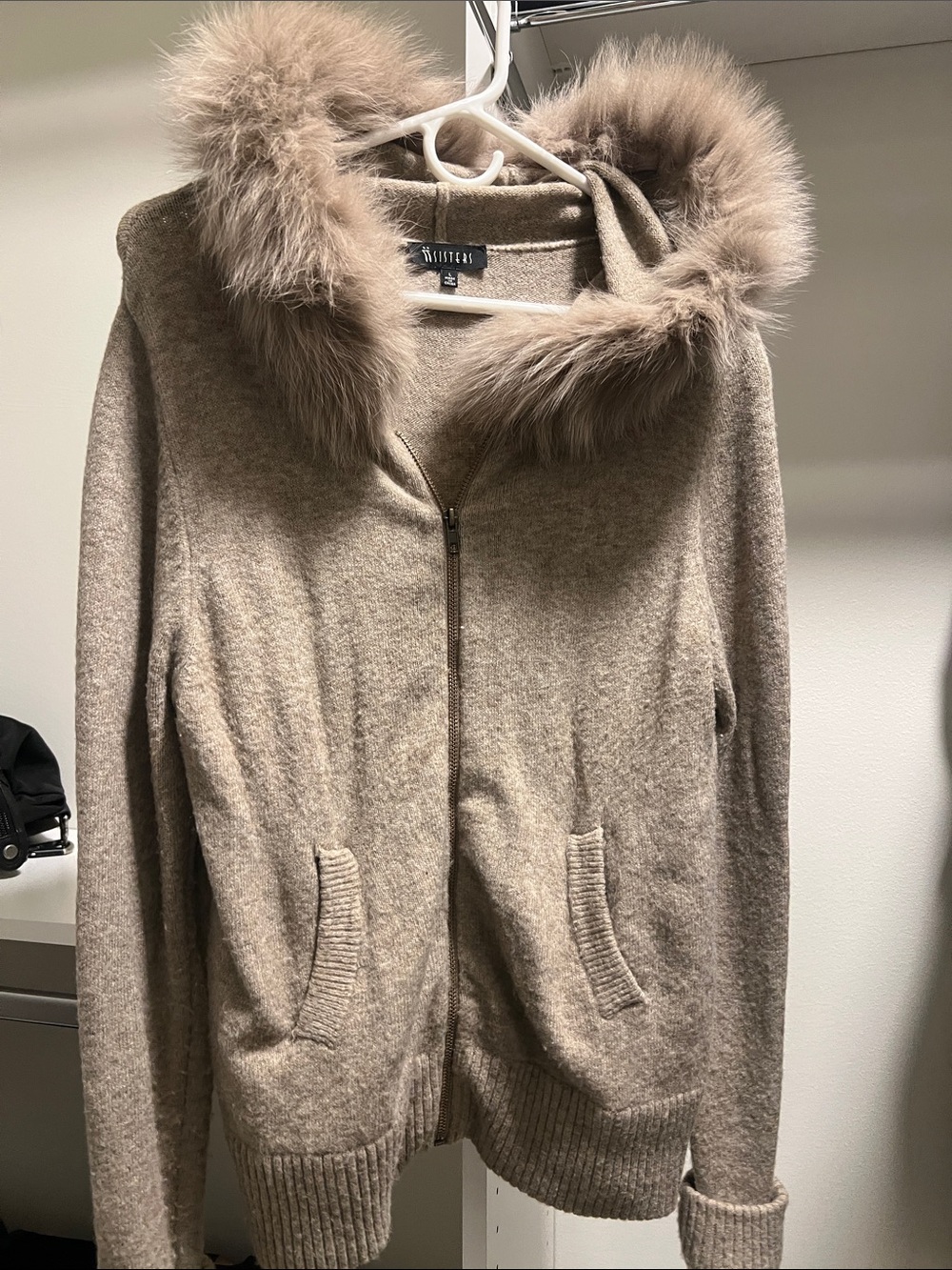 Wool-Blend Zip Hoodie Sweater with Faux Fur Trim - Taupe
